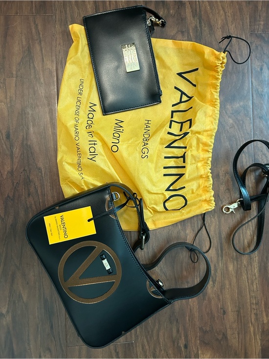 Valentino Handbags - Valentino Black Leather Shoulder Bag with Gold Accent